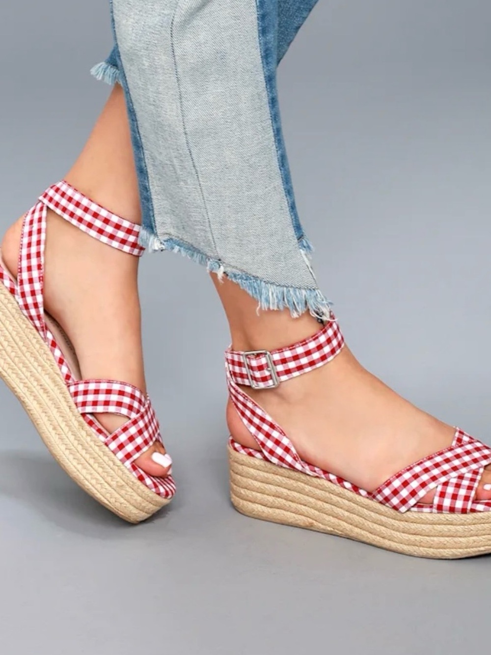 Chinese Laundry Red Gingham Platform Espadrille Sandals with Ankle Strap